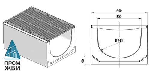 Лоток водоотводный DN 500 Н 610 «ГеммаДренаж» в комплекте с чугунной решеткой ВЧ-50
